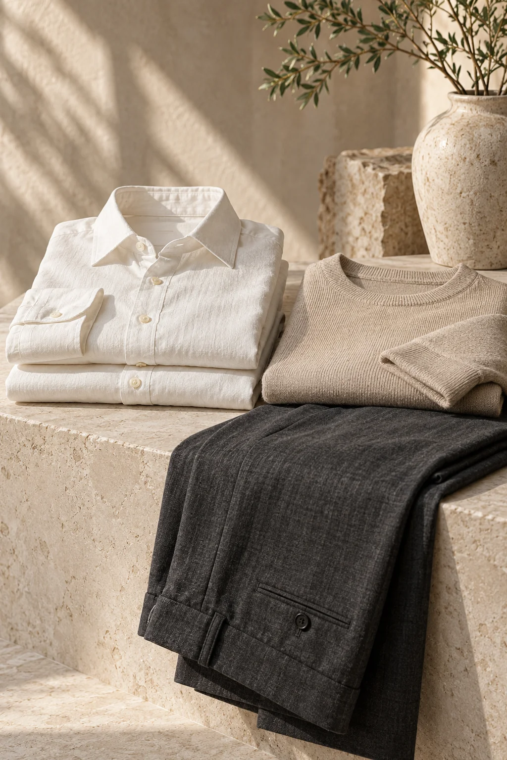 Representative essentials: ivory cotton shirts, beige knitwear and charcoal trousers arranged on stone