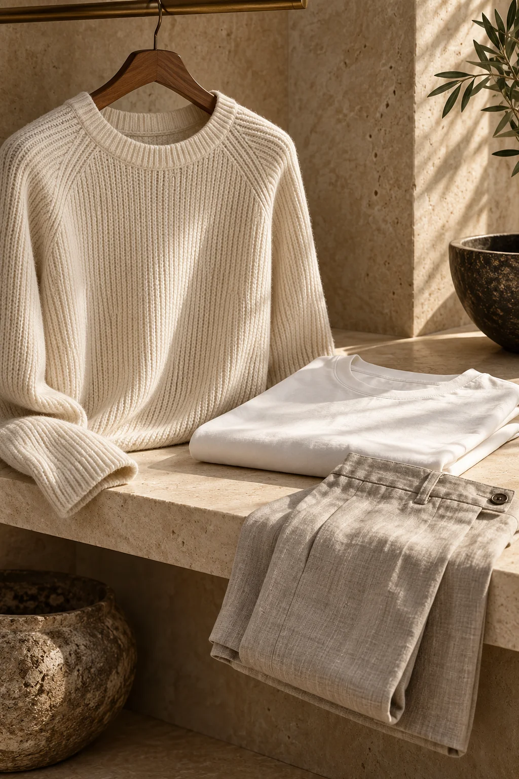 Representative essentials: cream knitwear, a white cotton T-shirt and linen trousers on a limestone shelf