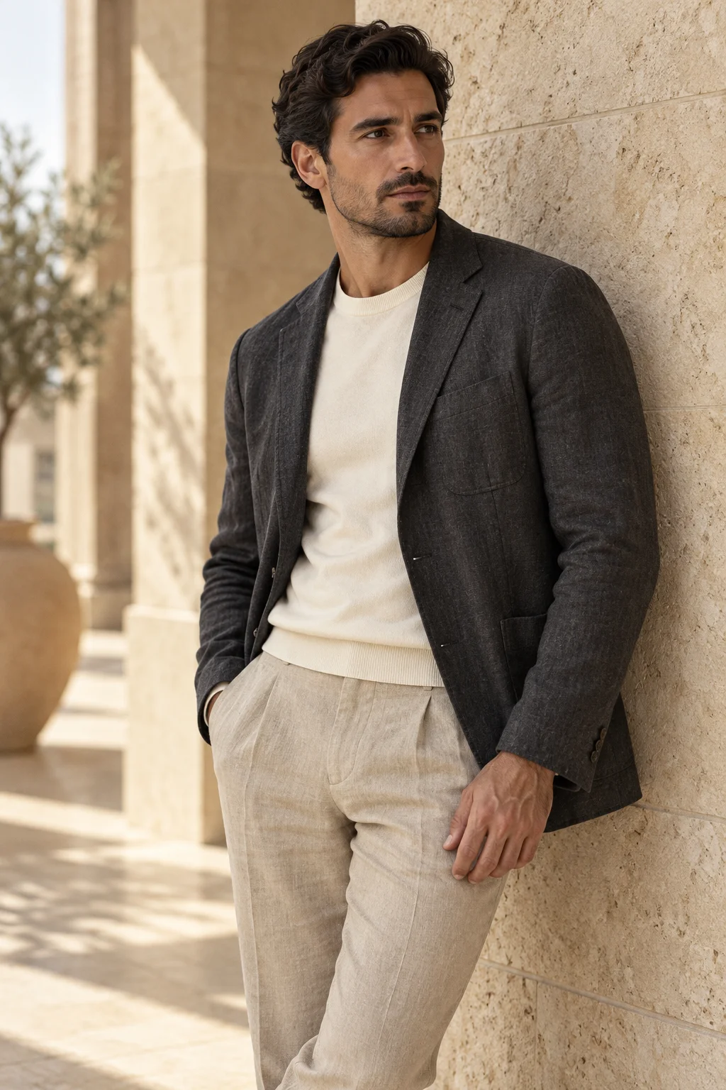 Representative menswear: charcoal jacket, ivory T-shirt and beige trousers beside warm stone